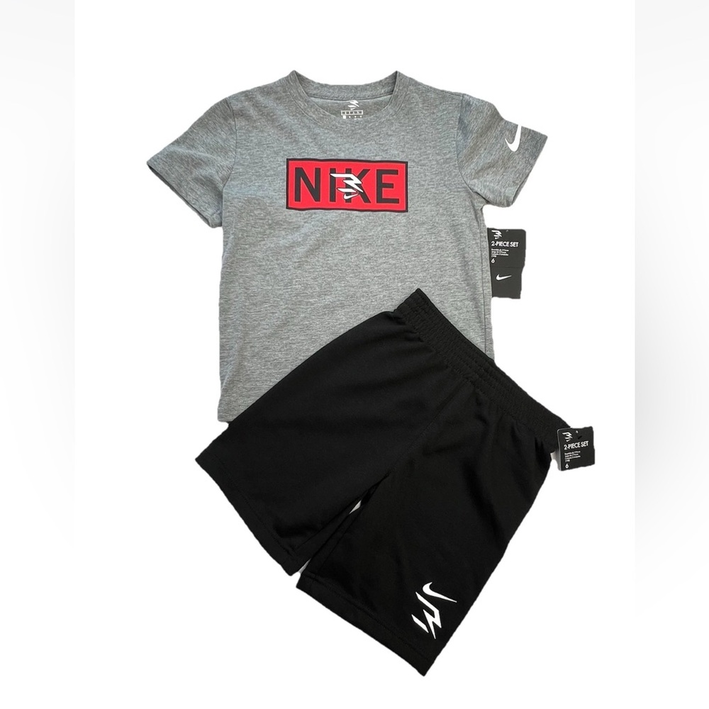 Nike Boys Sz 6 T Shirt Gray & Shorts Black 2 Piece Set Outfit Cotton Polyester